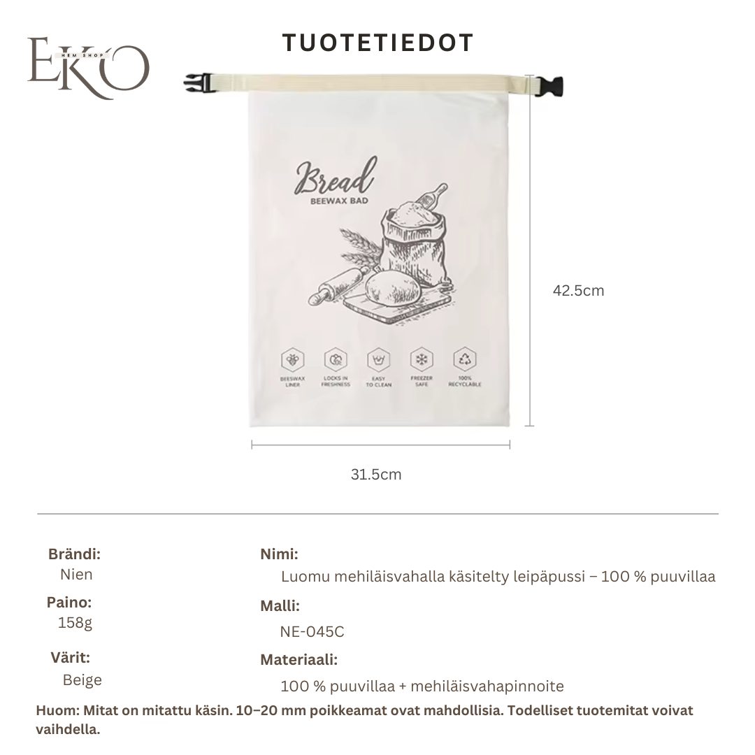 Ekologinen mehiläisvahaleipäpussi – 100 % puuvillaa
