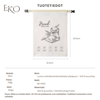 Ekologinen mehiläisvahaleipäpussi – 100 % puuvillaa