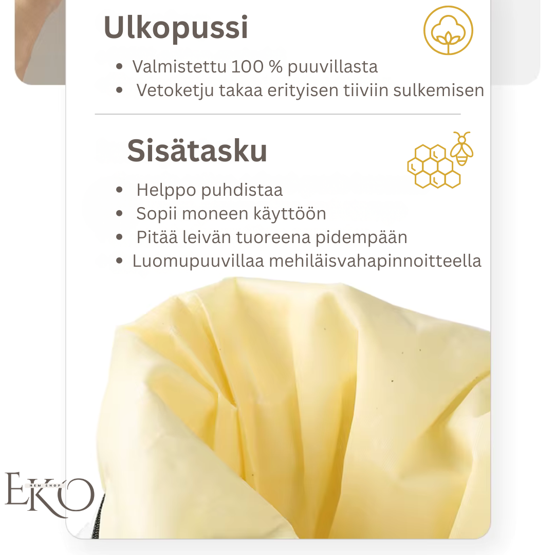Ekologinen mehiläisvahaleipäpussi – 100 % puuvillaa